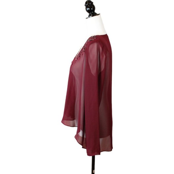 Tradition Beaded Over Blouse Size 8 Shoulder Pad Red Maroon Sheer High Low CA303 - Picture 6 of 13